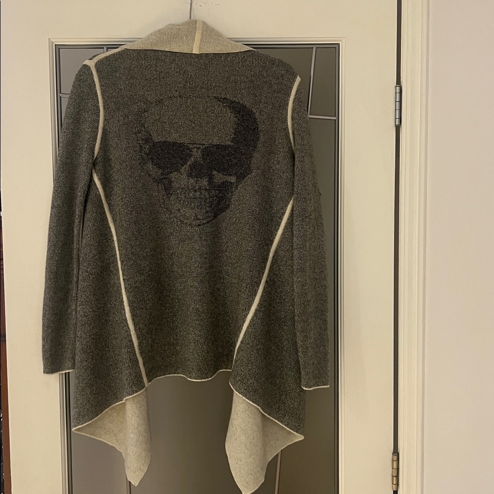 Skull Cashmere Open Front Cardigan Gray Black Off White Small - Picture 2 of 7